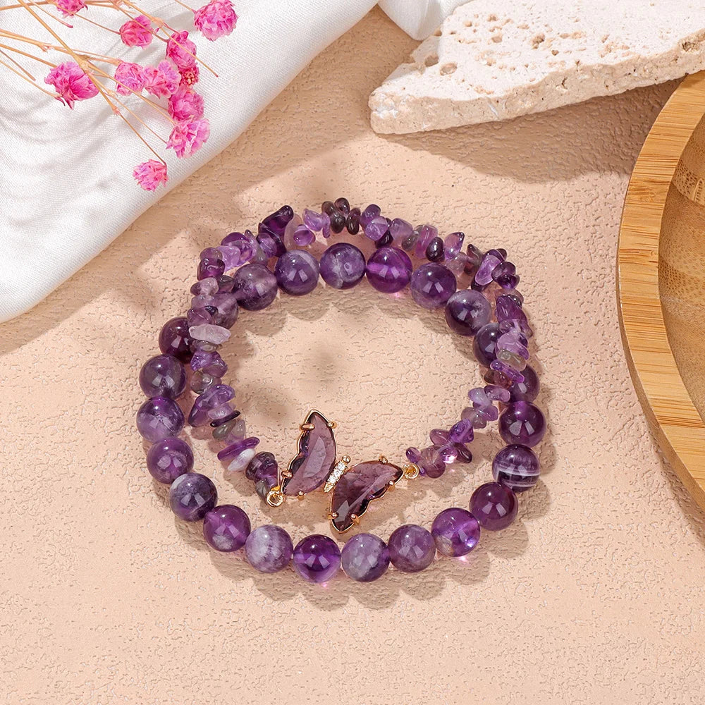 2pcs Rose Quartzs Beaded Bracelet Crystal Butterfly Charm Natural Stone Gravel Chip Round Beads Bracelets