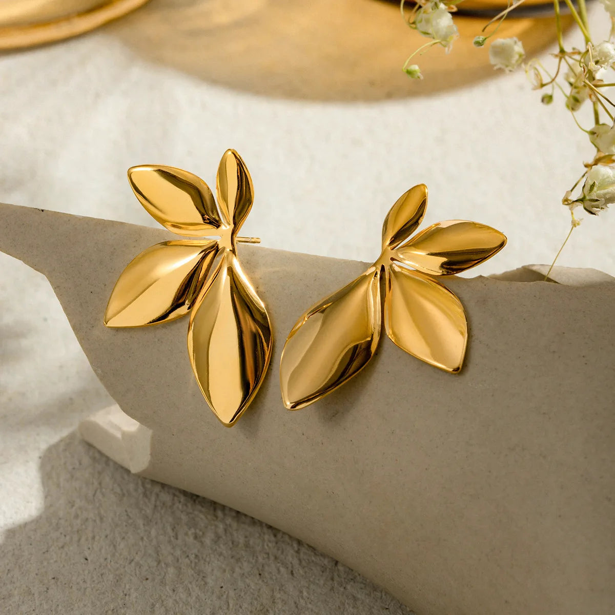 Fashion Stainless Steel Leaves Flower Stud Earrings Bright  Texture High Quality Jewelry