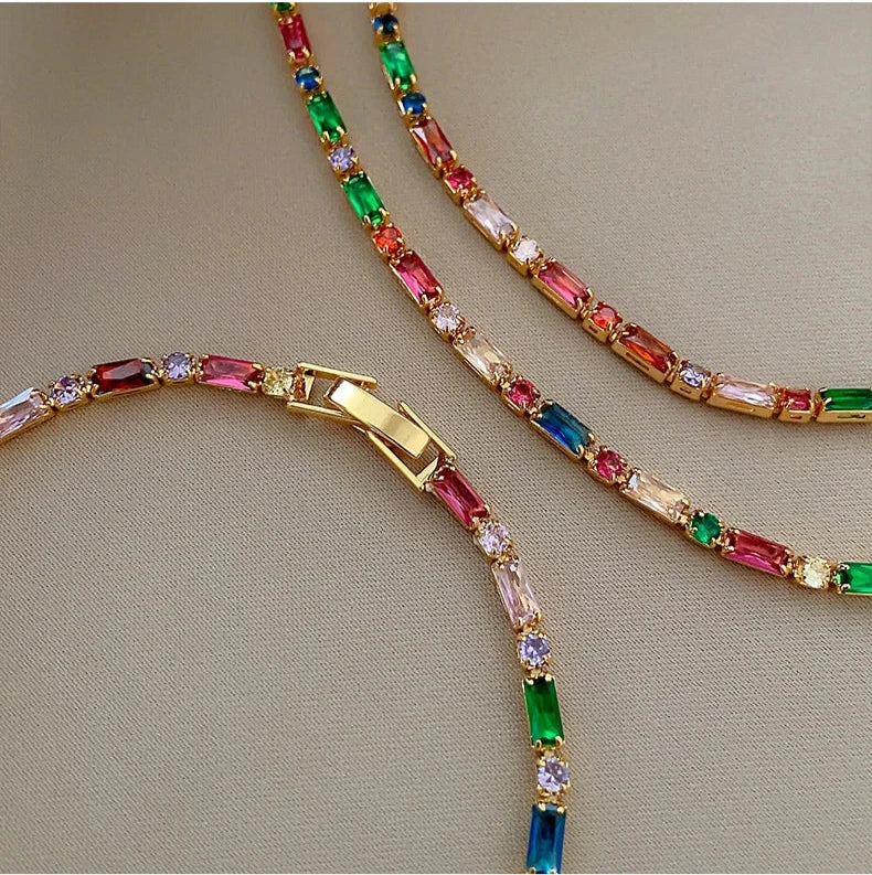 Colorful Zircon Chain Necklace Bracelet Jewelry Sets  Fashion Accessories