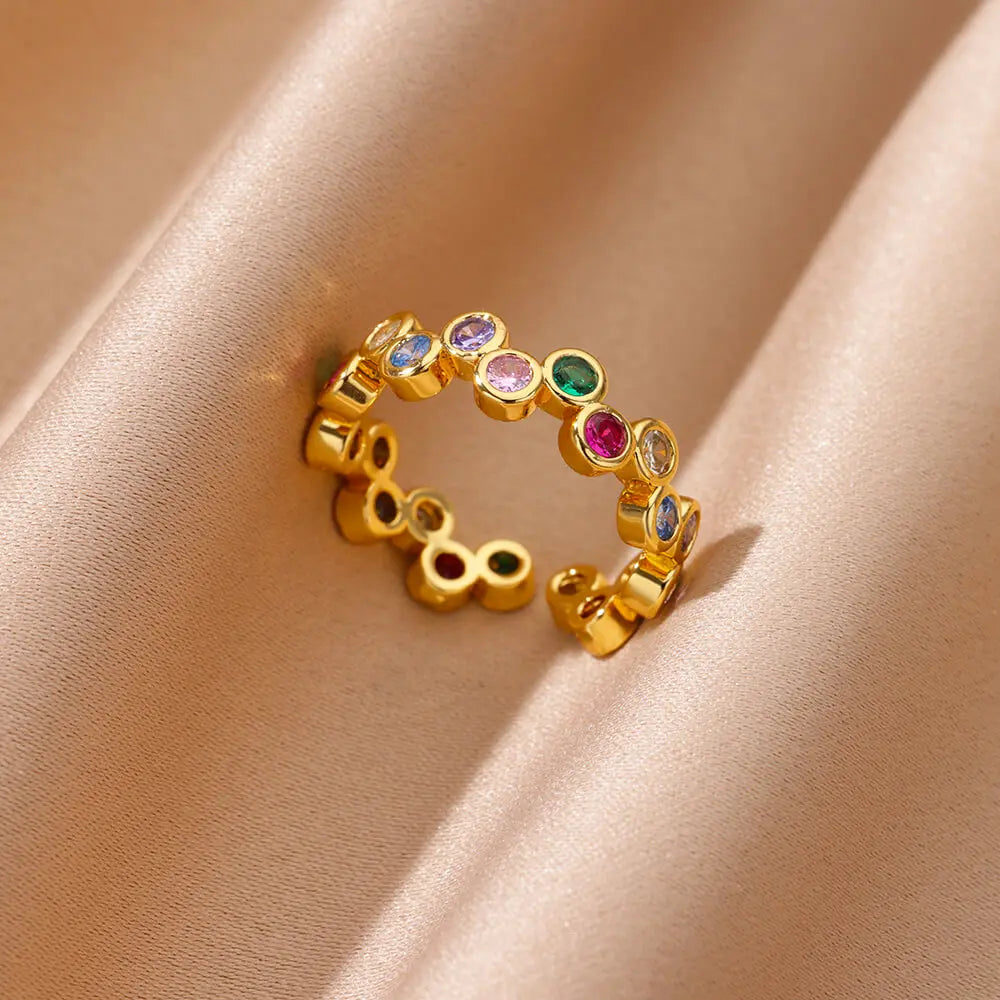 Colorful Zircon Rings For Women Gold Color Open   Ring  Jewelry