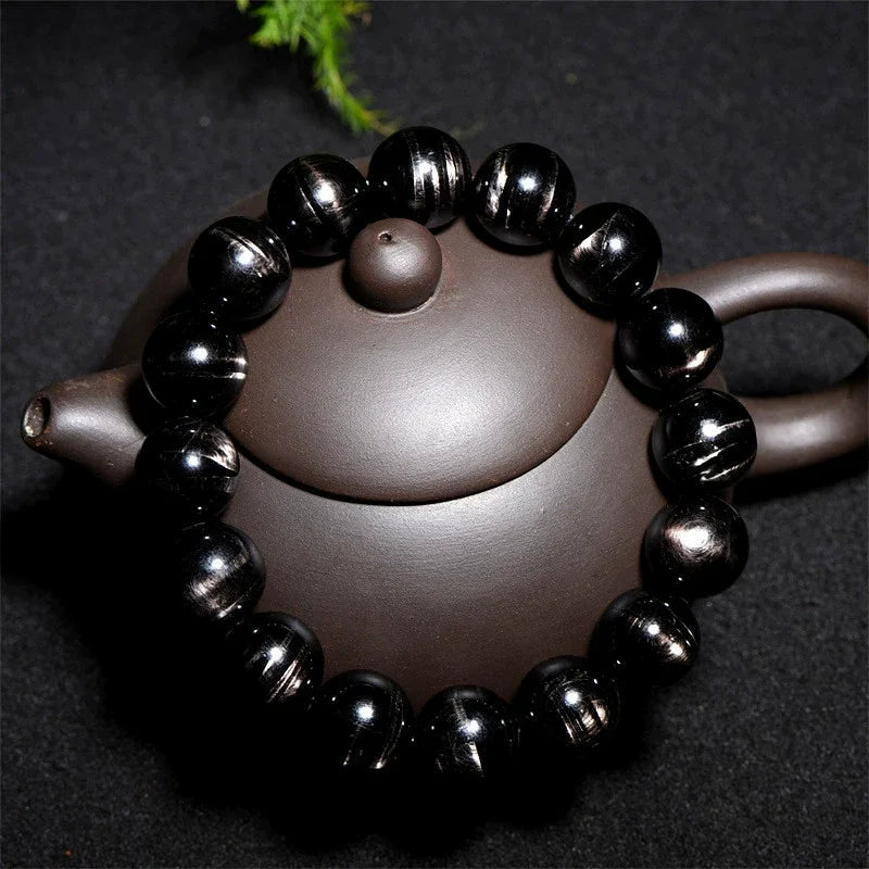 Genuine Natural Hypersthene Black Flash Egypt Women Men Bracelet Gold Lucky Hypersthene Round Beads  AAAAA