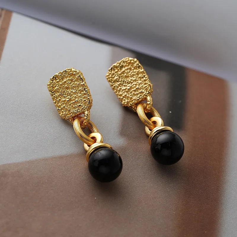 Retro Jewelry 925 Silver Needle Metal Gold Color Earrings  Trend New High Quality Brass Black Ball Earrings Fro Women Female