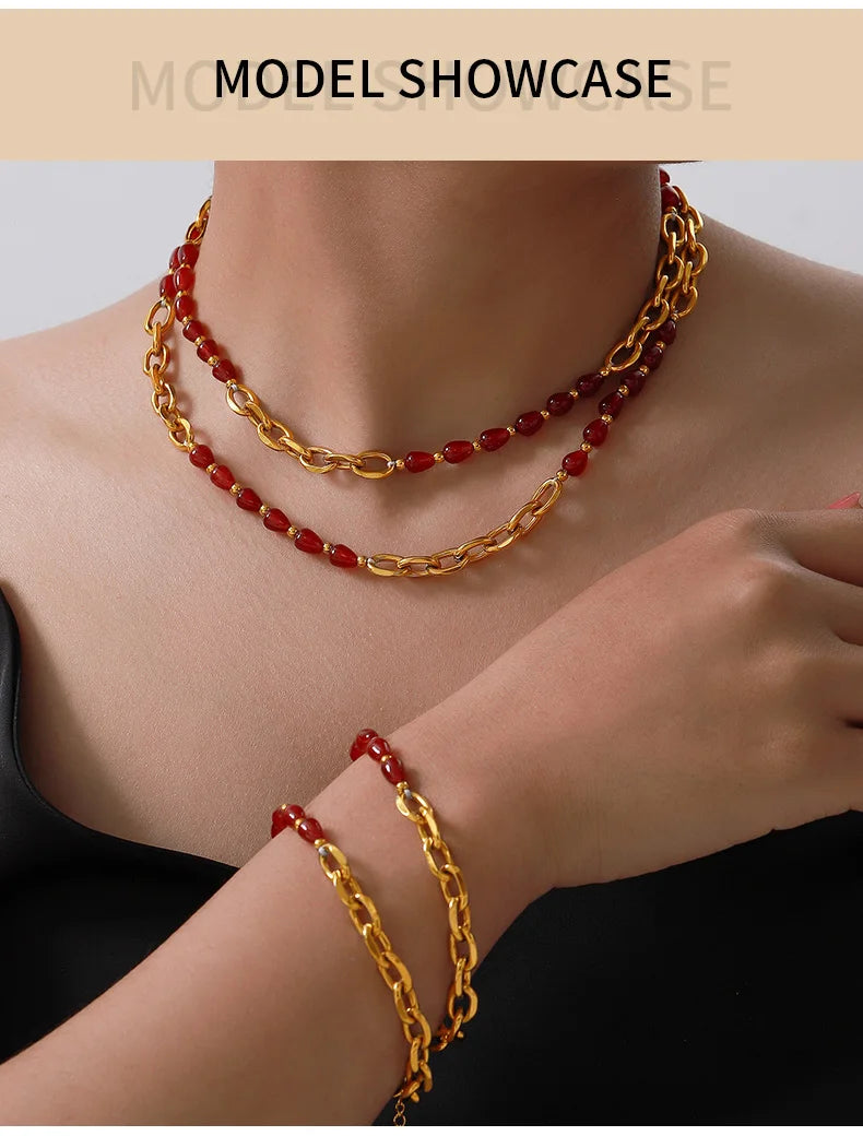 Enchanting Necklace Bracelet Set for Women Red Agate Stainless Steel Designer Fashion Charm Jewelry