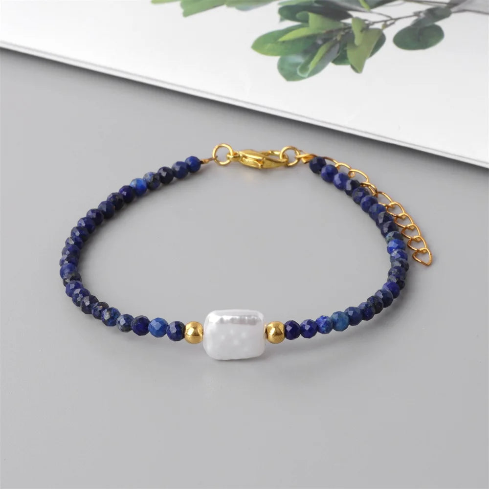 Women Pearl Natural Stone Bracelet Small Beads Adjustable Bracelet Lapis Lazuli Quartz Bracelets