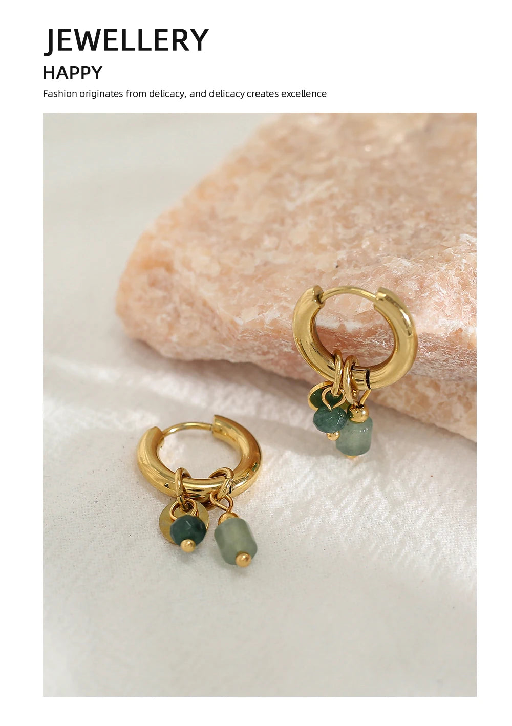 Gold Plated Stainless Steel Hoop Earrings for Women Vintage Green Natural Stone Charms Trendy Waterproof Jewelry