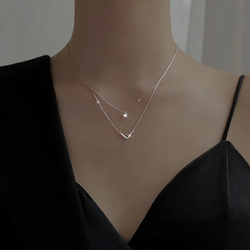 New 925 Sterling Silver Double Layer V Necklace Shiny Zircon Geometric Simple Clavicle Chain Women Fashion Jewelry Party Gift