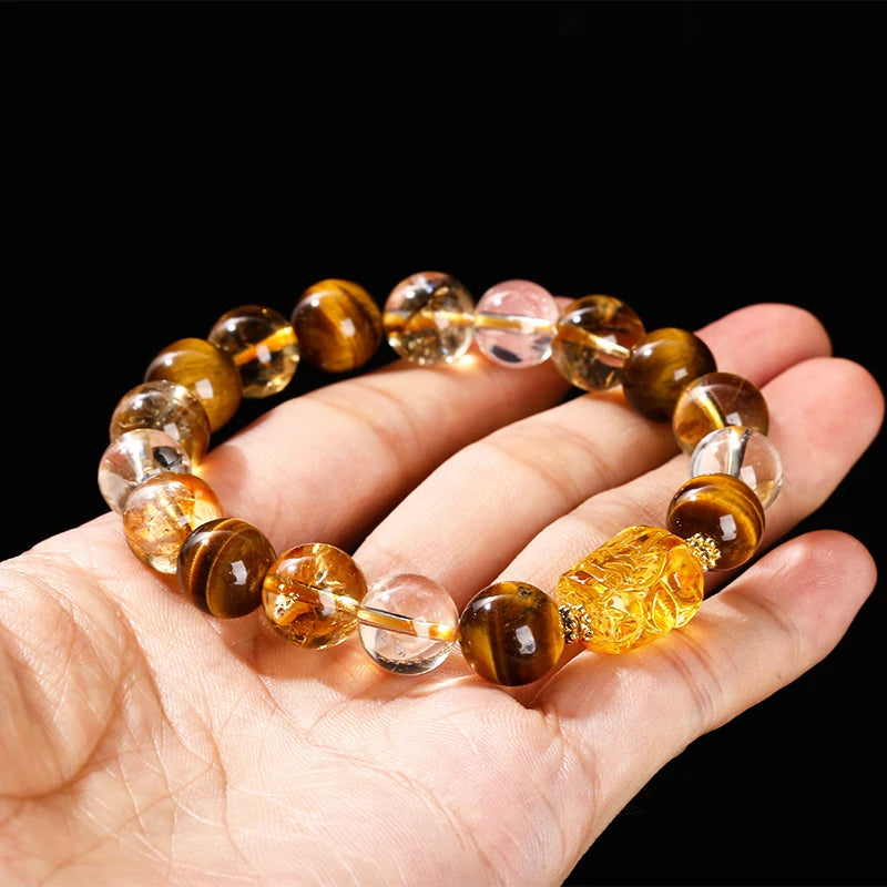 Natural Yellow Tiger Eye Stone Citrine Beeswax Pixiu Wealth Lucky Bracelet Women Men New Design Handmade Feng Shui Jewelry