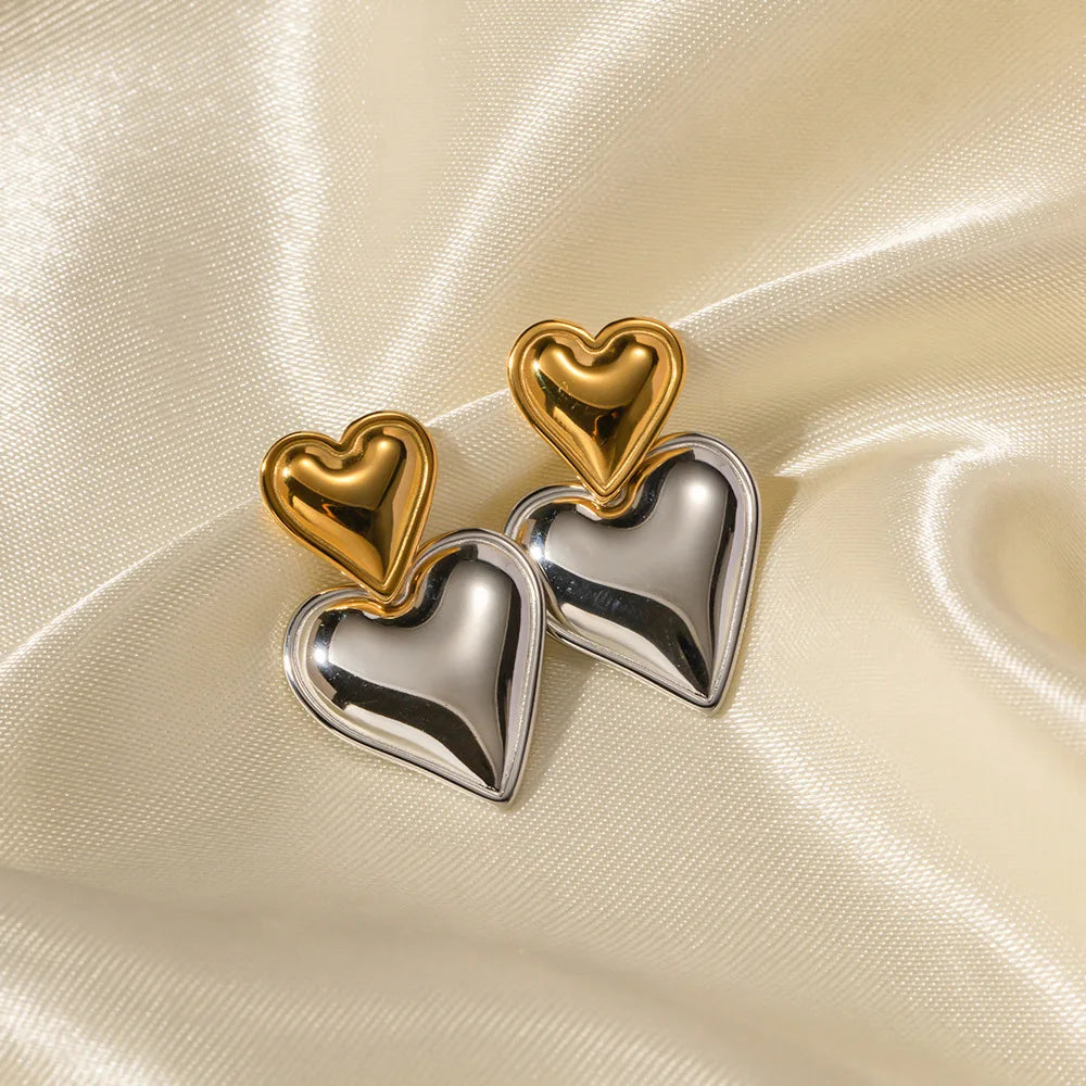 Stainless Steel Luxury stylish Double Heart Earrings Ladies Smooth Mix Earrings Jewelry