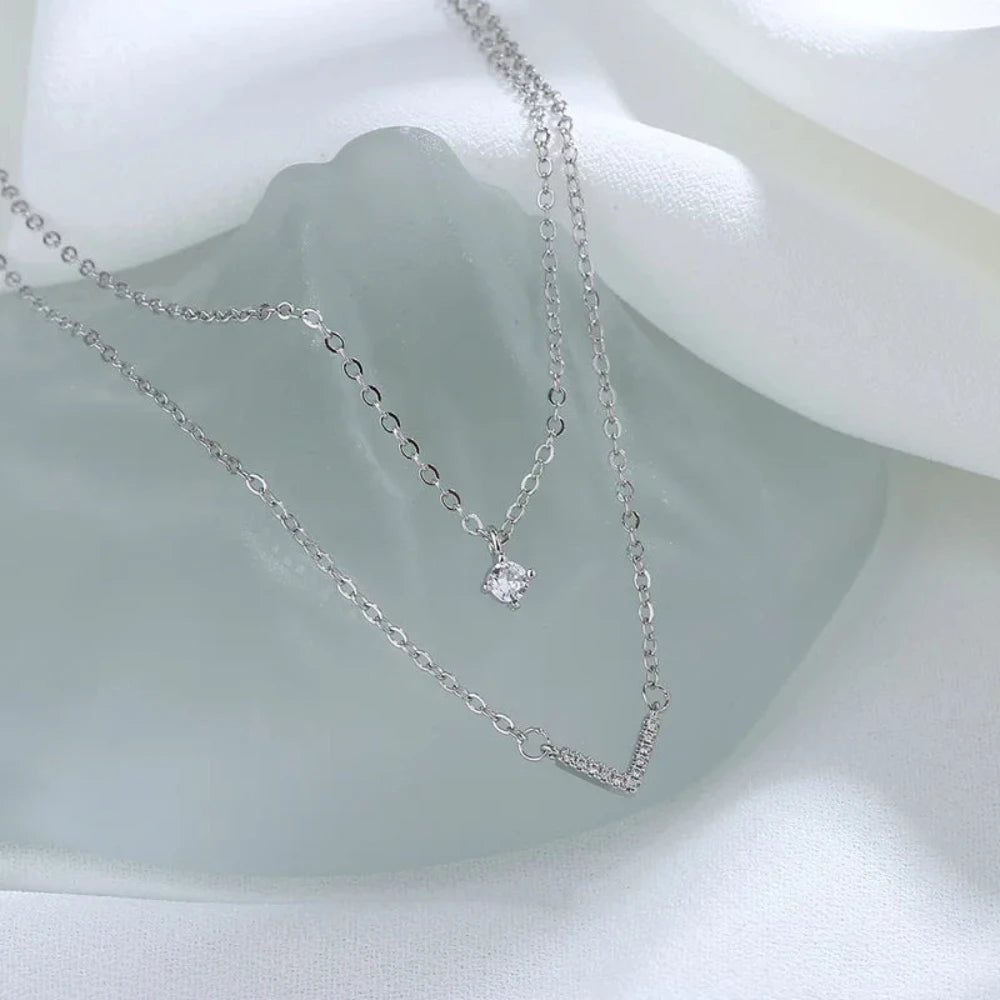 New 925 Sterling Silver Double Layer V Necklace Shiny Zircon Geometric Simple Clavicle Chain Women Fashion Jewelry Party Gift