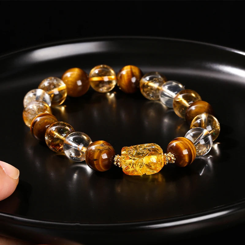 Natural Yellow Tiger Eye Stone Citrine Beeswax Pixiu Wealth Lucky Bracelet Women Men New Design Handmade Feng Shui Jewelry