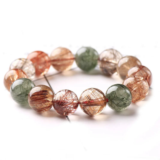 Natural Colorful Rutilated Quartz Beaded Bracelet for Men and Women – Round Crystal Jewelry