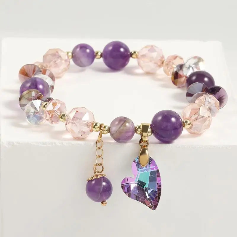 Natural Amethyst Beaded Flower Bracelet For WomenLuminous Zircon Pendant Retro Elegant Blessing Card Gift Woven Jewelry