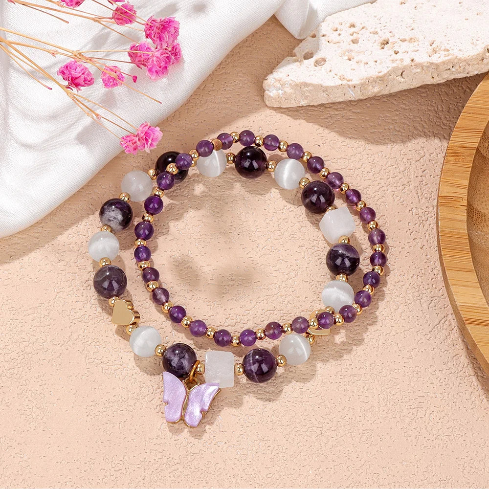 2pcs Rose Quartzs Beaded Bracelet Crystal Butterfly Charm Natural Stone Gravel Chip Round Beads Bracelets