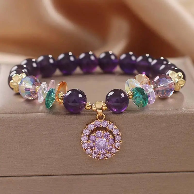 Natural Amethyst Beaded Flower Bracelet For WomenLuminous Zircon Pendant Retro Elegant Blessing Card Gift Woven Jewelry