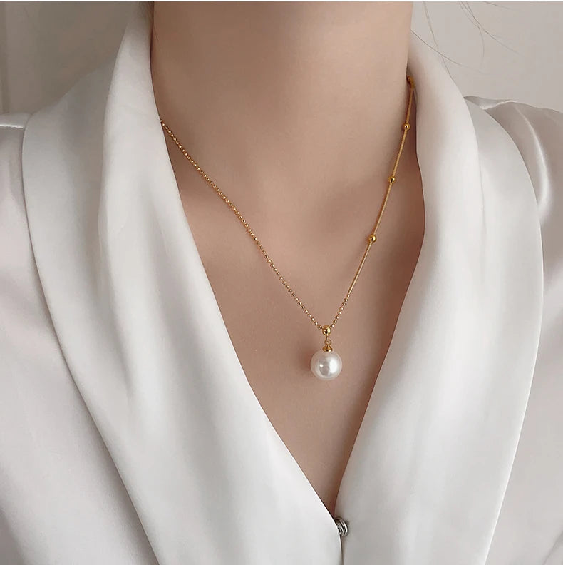 New Stainless steel Bead Chain Splicing Pearl Pendant Necklace For Womens Fashion Accessories Jewelry