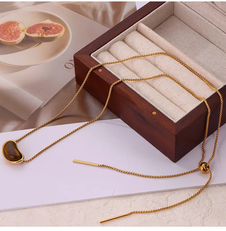 Tiger Eye Stone Pendant Necklace For Women Stainless Steel 18K Gold Plated Waterproof Women's Necklaces Girls Neck Chain Choker