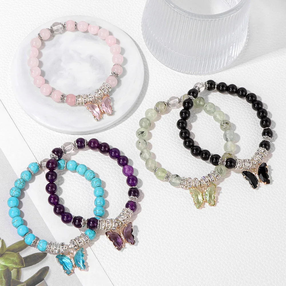 Fashion Crystal Butterfly Beaded Bracelets For Women Bohemian Natural Stone Elastic Rope Bracelet Hand Exquisite Jewelry Gift