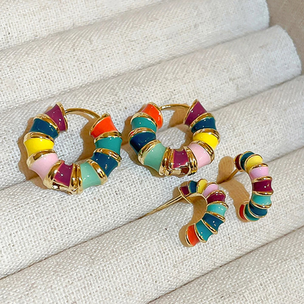 Fashion Multicolour Drip Oil Enamel Twisted Bamboo Joint Thick C Shape Hoop Earrings