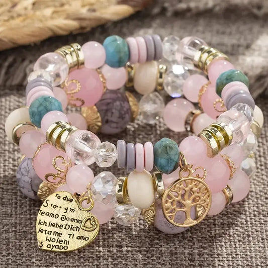 Bohemian Pink Crystal Beads Heart Charm Bracelets Women Girls Ethnic Tree Of Life Charm Wrap Bracelet