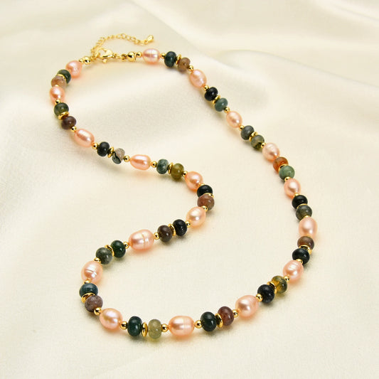 Baroque Natural Freshwater Pearl Necklace Natural Stone Colour India Agate Bead Clavicle Chain Niche Design Feeling Fresh Women