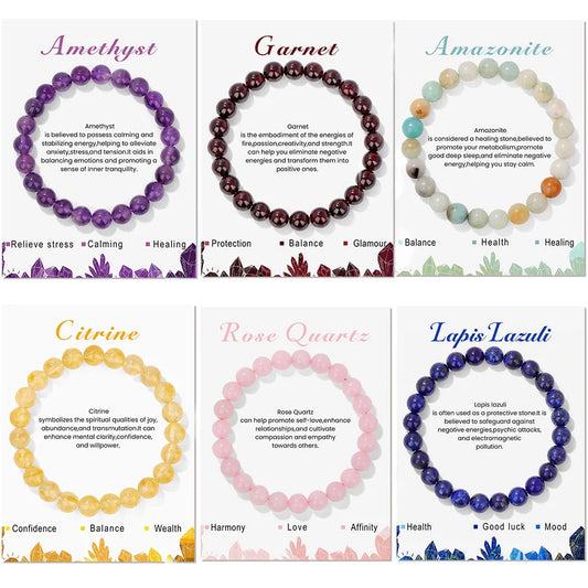 Crystal Stone Bracelets With Card Natural Amethysts Lapis Lazuli Rose Quartzs 8mm Beads Bracelets For Women Men Jewelry