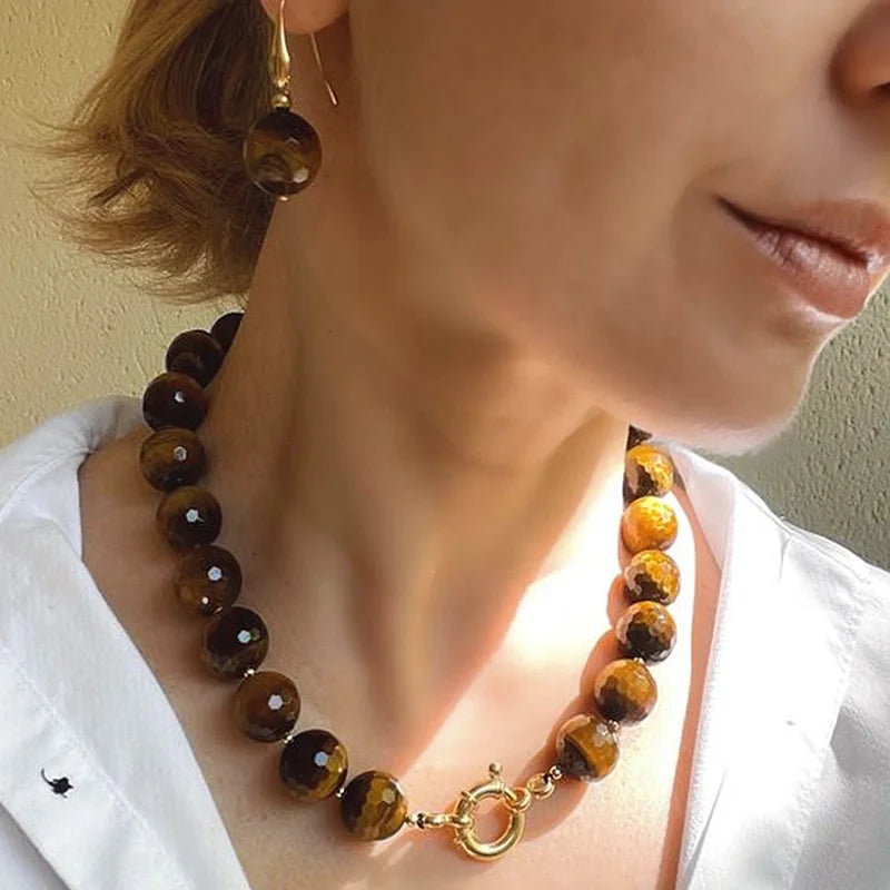 Minimalist Natural Stone Tiger Eye Big Chunky Spiritual Meditation Yoga Necklaces Earrings Gemstones Jewelry Set