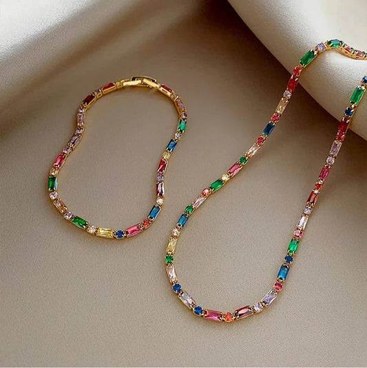 Colorful Zircon Chain Necklace Bracelet Jewelry Sets  Fashion Accessories