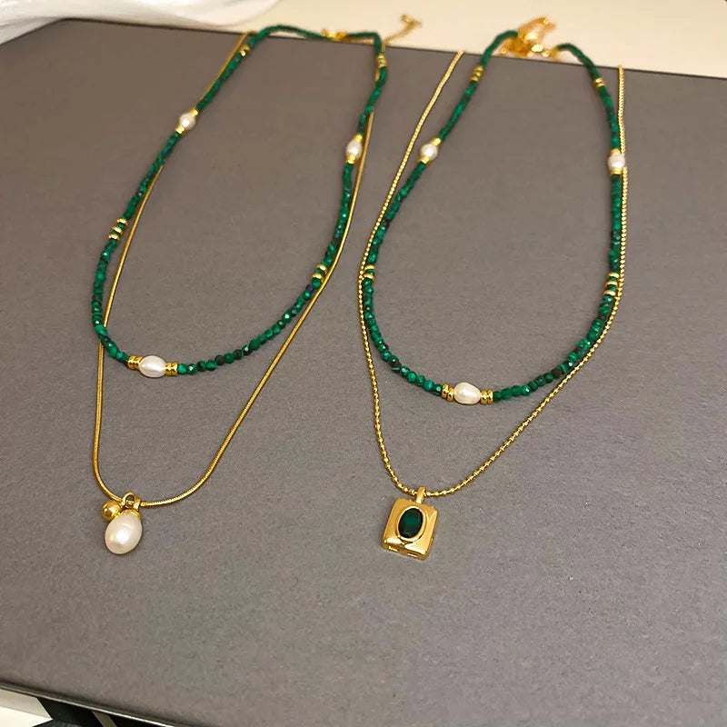 Dainty Green Malachite Natural Stone Freshwater Pearl Coin Pendant Necklaces Women Double Layers Copper Snake Chain Choker