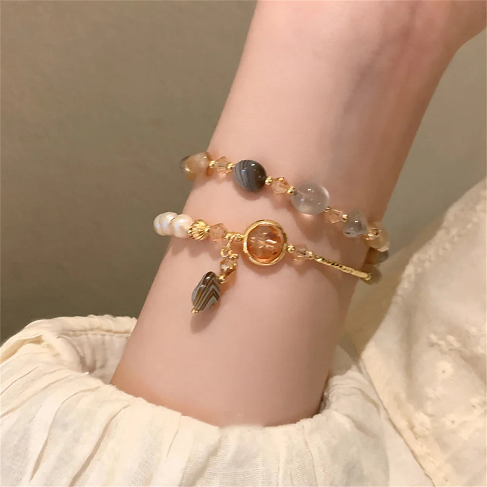 Elegant Pearl Crystal Jade Double Round Bracelet For Women Fashion Sweet Crystal Geometry Jewelry