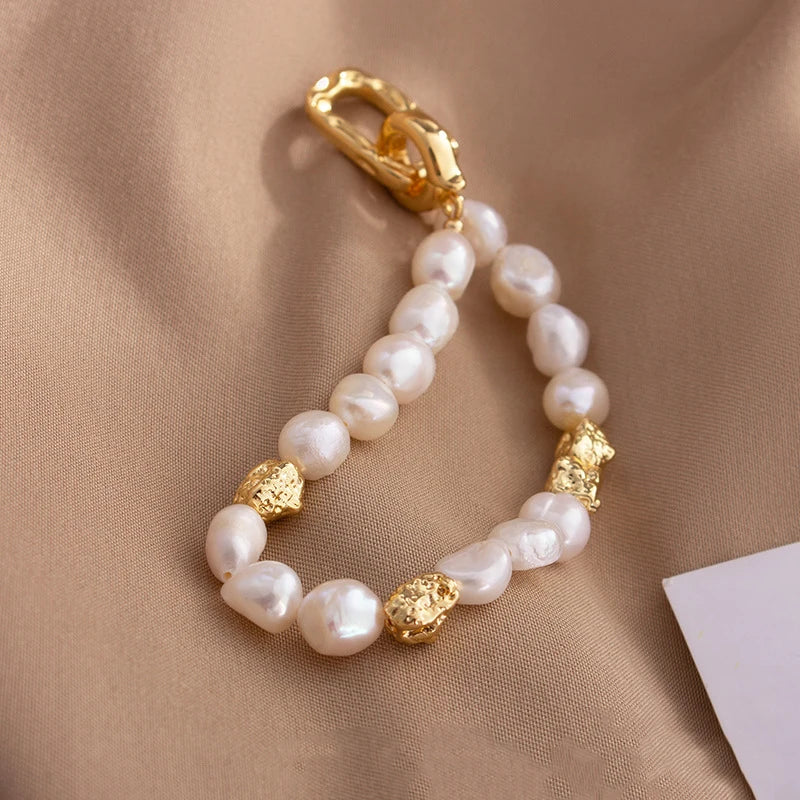 Natural Freshwater Pearl Irregular Baroque Bracelet Elegant Gold Color Charms Bangles for Women Luxury Personality Jewelry