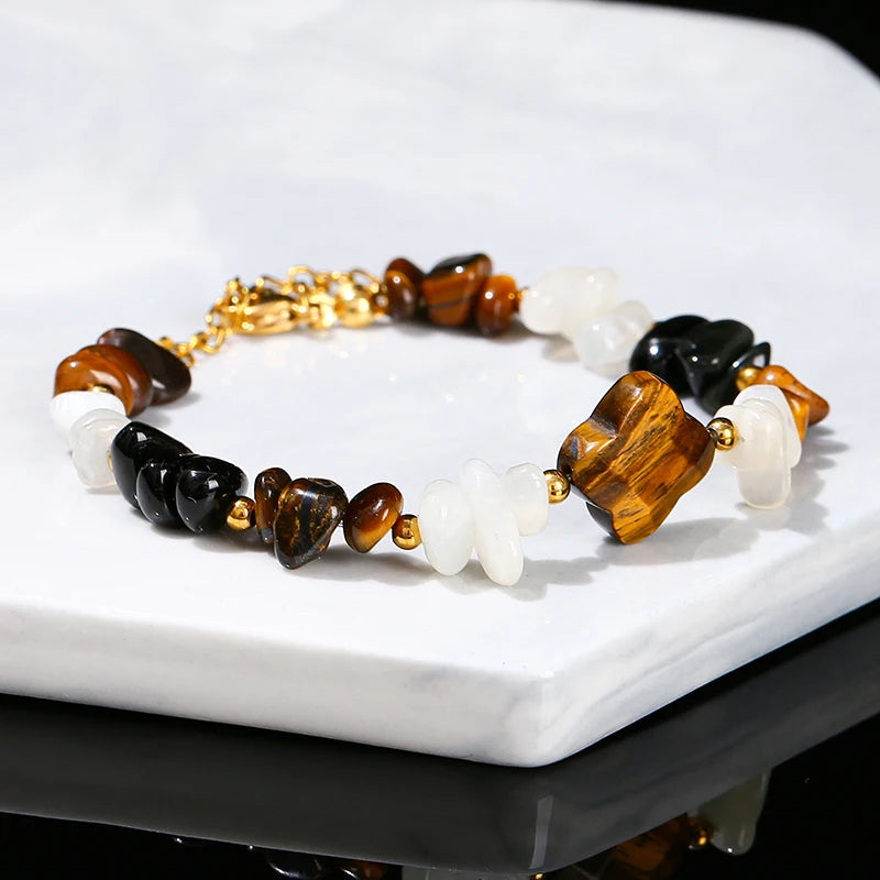 Natural Yellow Tiger Eye Stone Black Obsidian Moonstone Chip Bead Four-Leaf Clover Lucky Bracelet Women Reiki Healing Bangles