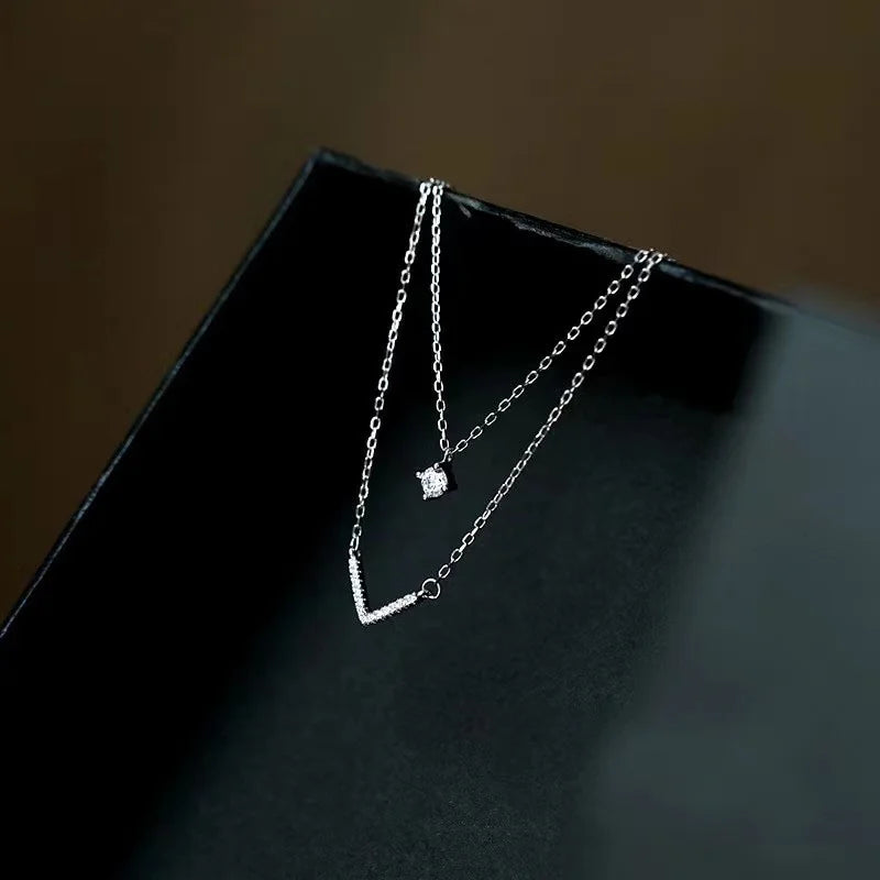 New 925 Sterling Silver Double Layer V Necklace Shiny Zircon Geometric Simple Clavicle Chain Women Fashion Jewelry Party Gift