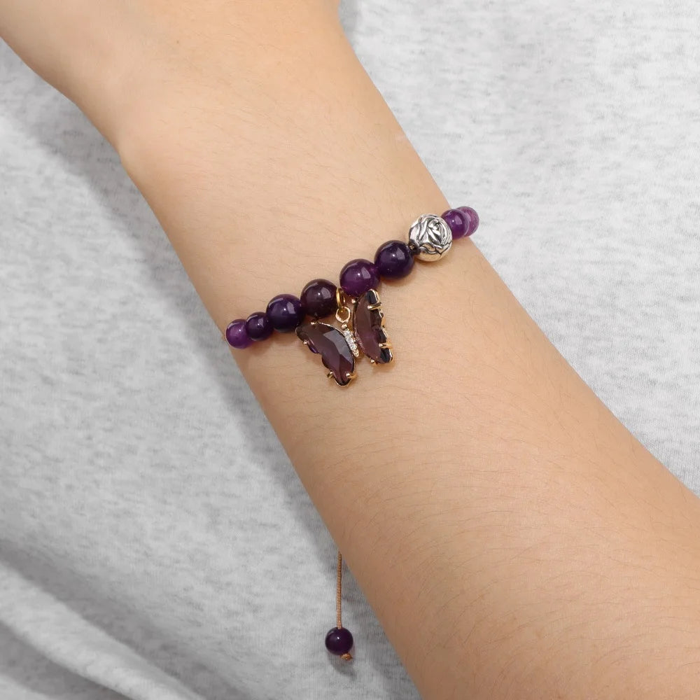 Boho Butterfly Crystal Charm Bracelet Natural Stone Amethysts Obsidian Quartzs Rope String Bracelets