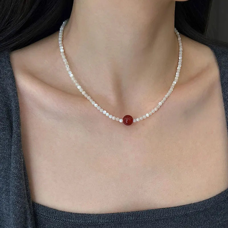 Silver Water Wave Chain Red Agate Beads Heart Beaded Pendant Necklaces for Women Gold Silver Plated Sweater Chain