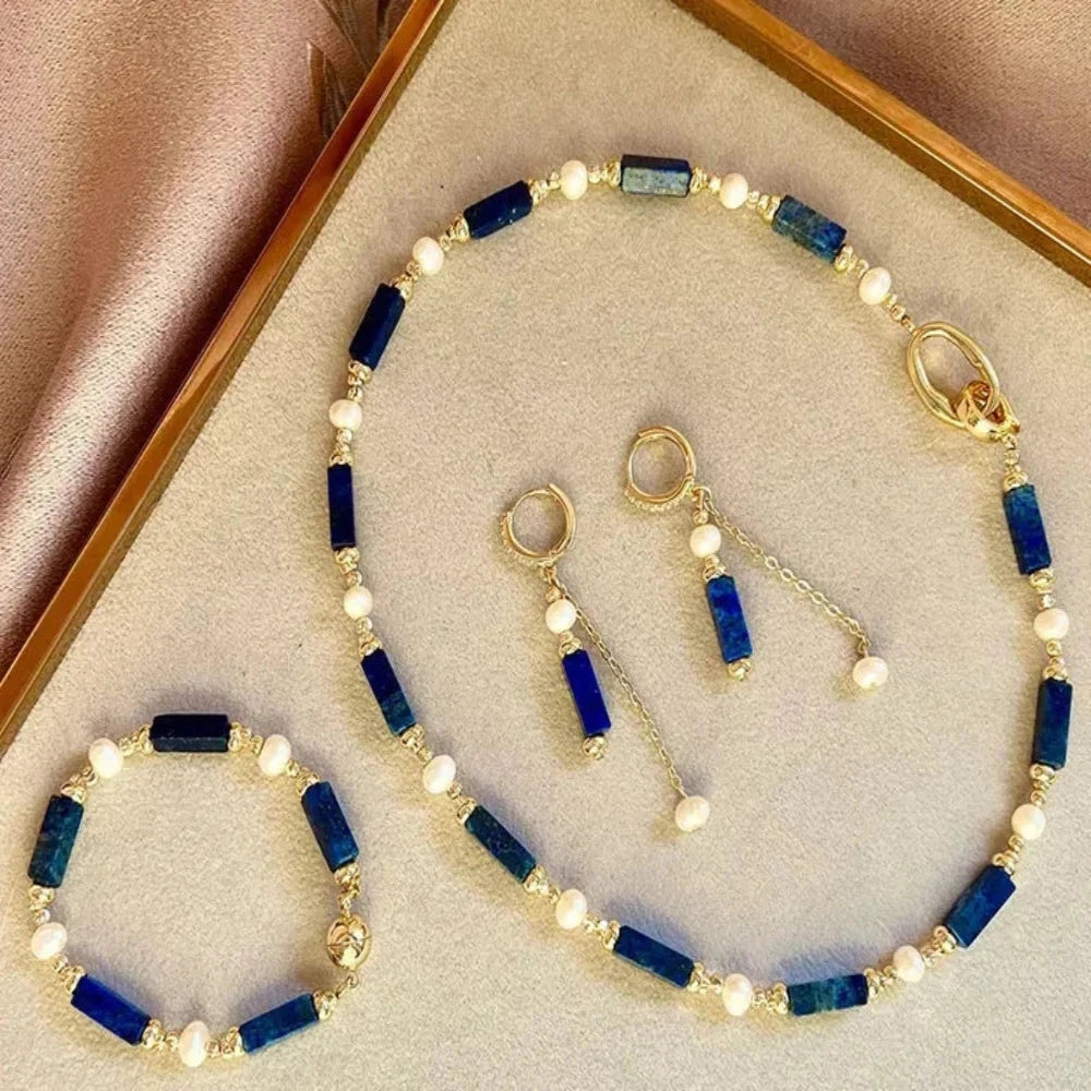 Personalized Natural Freshwater Pearl Lapis lazuli Necklace Bracelet Earrings Copper Plated 14k Gold Accessorie