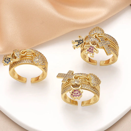 White Crystal Cute Boy Girl Statement Rings for Women Copper Gold Plated Heart Cross Wide Ring Jewelry