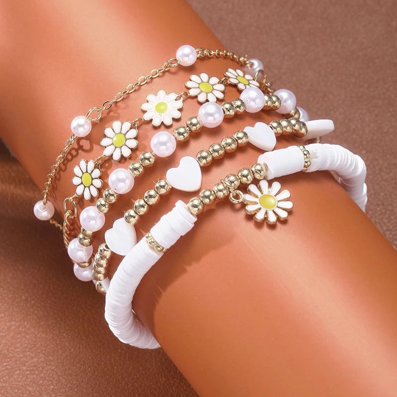 8pcs Vintage Daisy Flower Pendant Bracelet Set for Women Bohemian Beaded Enamel Star Heart Pearl Bangles Trendy