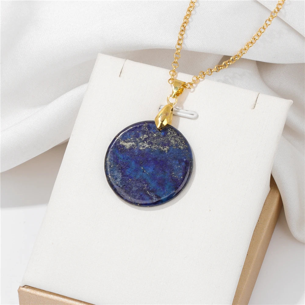 Round Slice Stone Pendent Necklace Natural Tiger Eye Lapis Lazuli Stone Chain Necklace