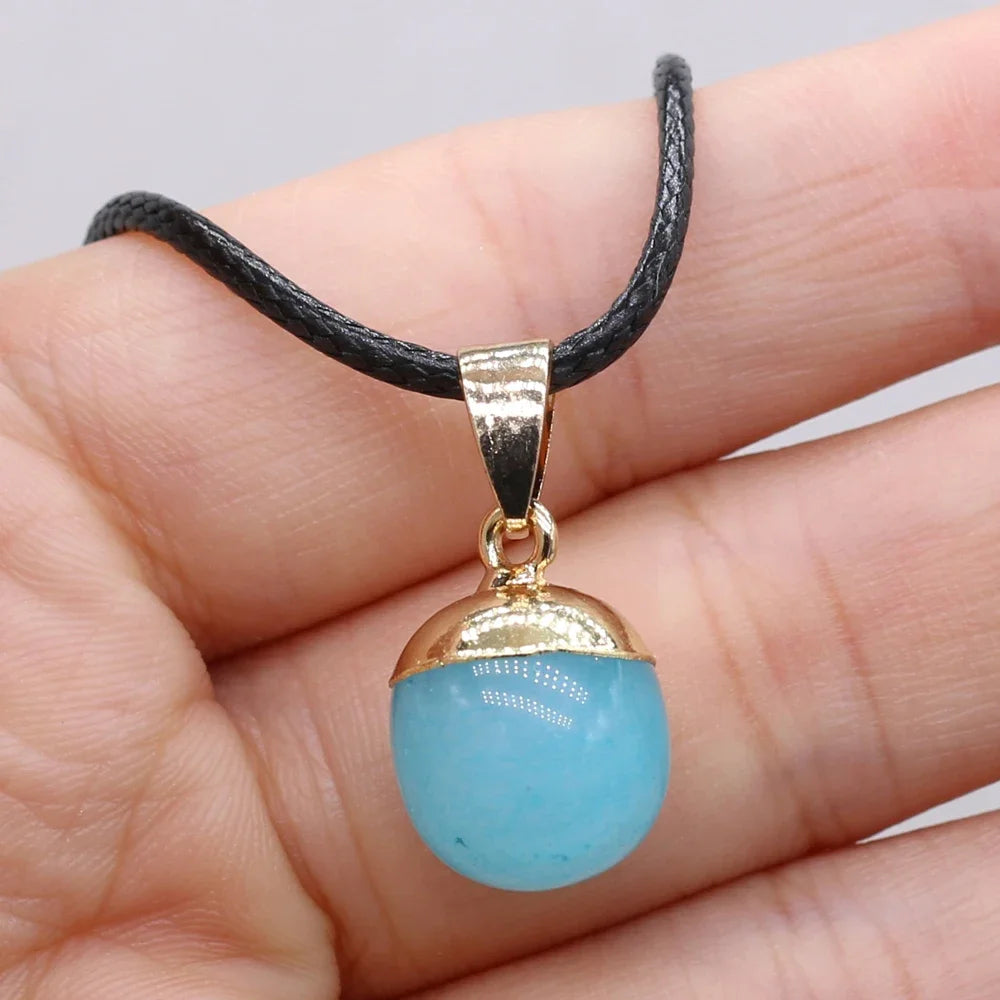 Natural Stone Rose Quarts Lapis Lazuli Pendant Necklace Small Bean Shape Wax Thread Charms Fashion Jewelry Necklaces for Women