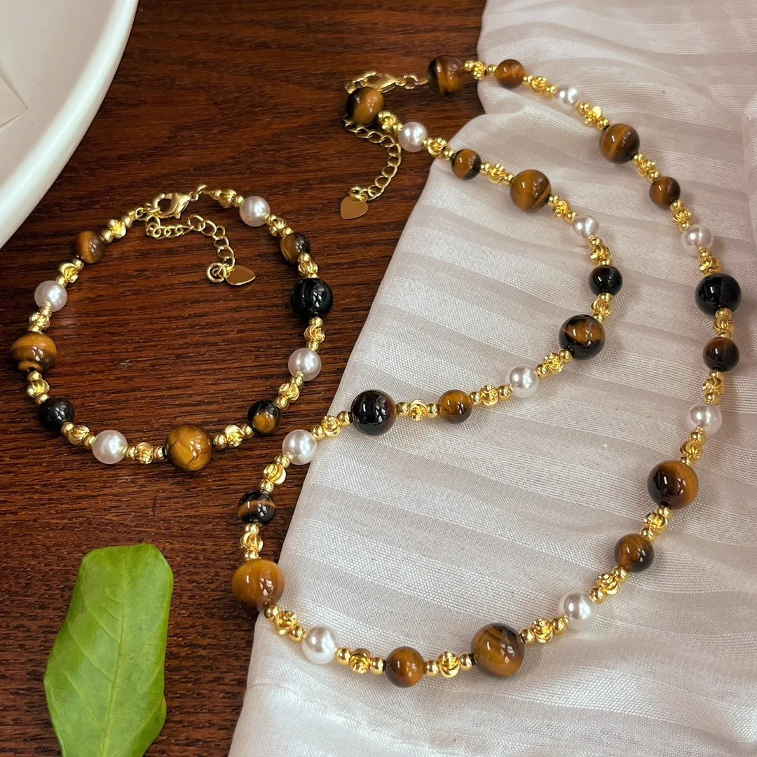 Natural Tiger Eye Stone Pearl Jewelry Set for Women Indian Style Necklaces and Bracelets Handmade Ethnic Accessories