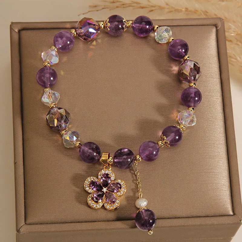 New Purple Crystal Beaded Bracelets For Women Shiny Zircon Flower Water Drop Charm