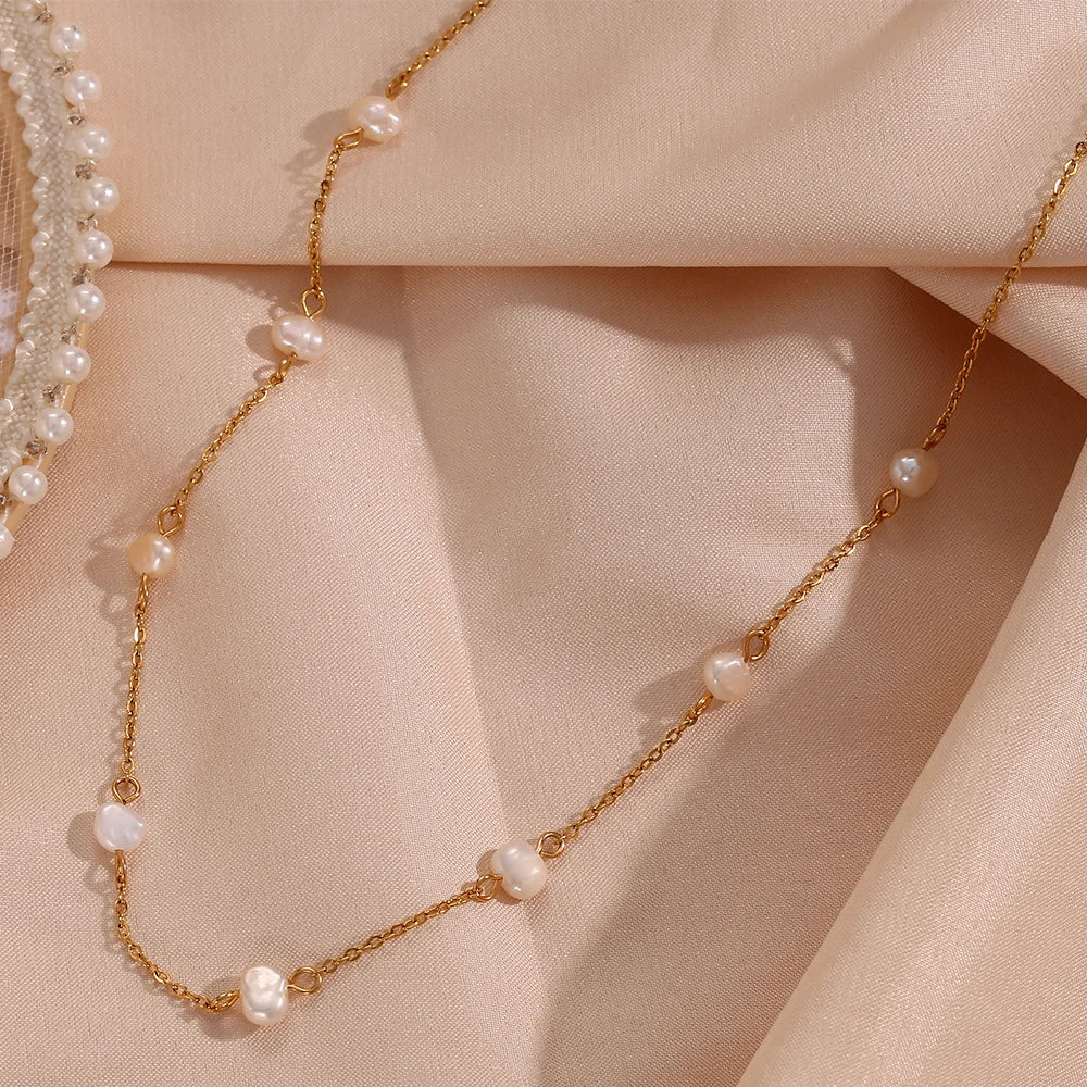 Stainless Steel Chain Freshwater Pearl Chain Necklace Bracelets For Women Gold Plated Jewelry Set