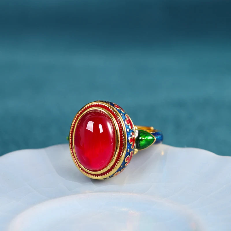 Original ancient gold craftsmanship natural carnelian rings for women flower enamel national style