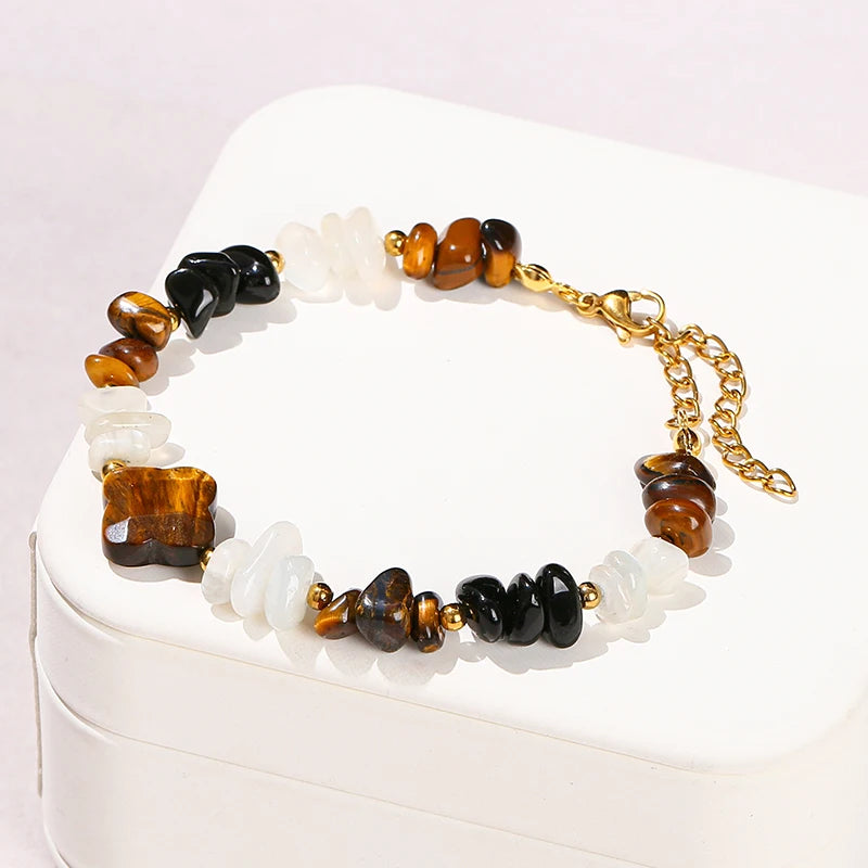 Natural Yellow Tiger Eye Stone Black Obsidian Moonstone Chip Bead Four-Leaf Clover Lucky Bracelet Women Reiki Healing Bangles