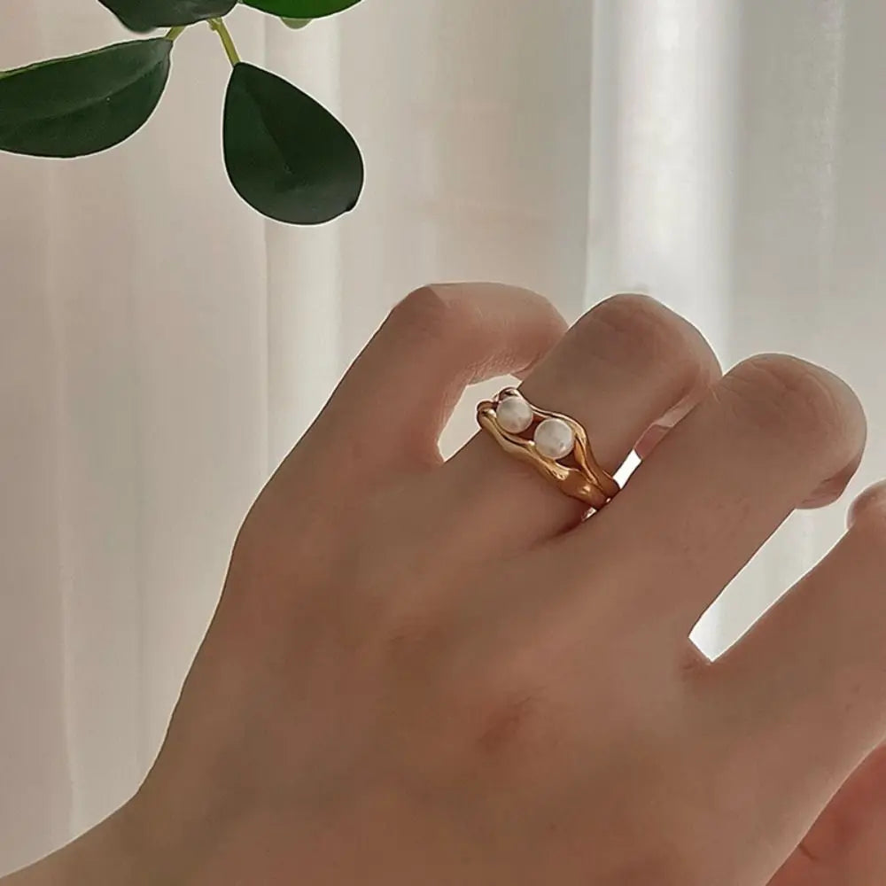 Plating Personality Geometric Finger Buckle Korean Style Jewelry Double-Deck Rings  Pearl Rings Women Jewelry Accessories