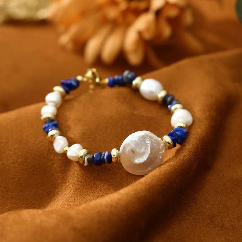 Retro Fashion Lapis Lazuli Button Baroque Pearl Bracelet Women 2024 New Cuff Bracelet Stainless Steel Jewelry Accessories Gift