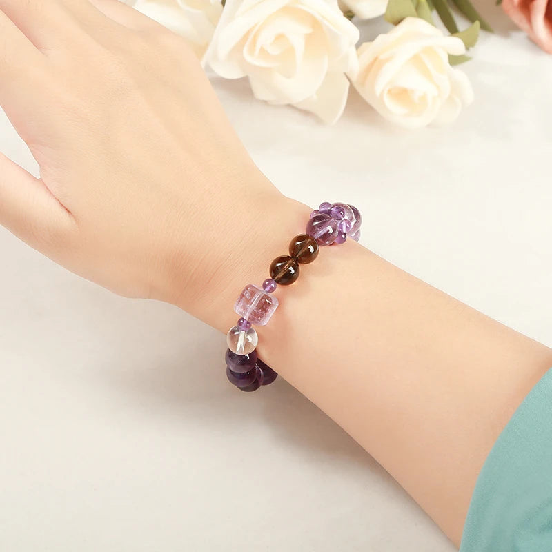 Natural Amethyst Rock Quartz Beads Round Ring Square Strand Bracelet Women Luxury Design Reiki Healing Charm Bangles Jewelry