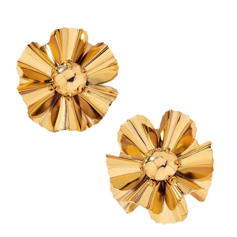 Geometric Flower Pleated Metal Stud Earrings For Women  Fashion Jewelry