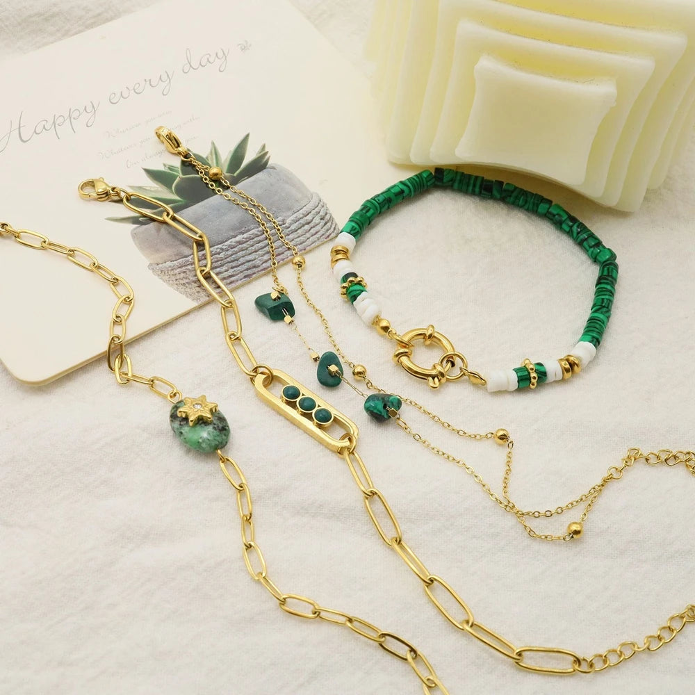 Boho Vintage Green Natural Stone Bracelets for Women Stainless Steel Trendy Charms Aesthetic Jewelry Set