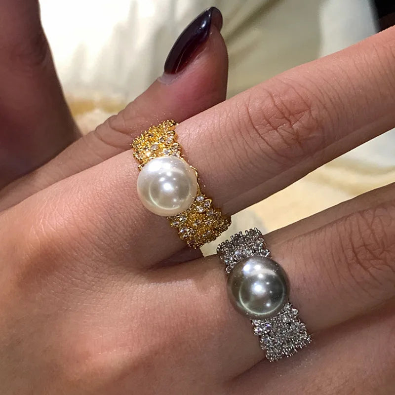 Silve Color Pearl Ring for Women Girl Zircon Grace Versatile Design Jewelry Gift